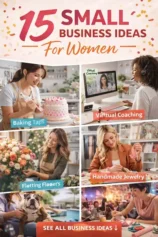 create a high ctr pinterest pin image for 15 Small Business Ideas For Women. do proper research should look good and represent the topic