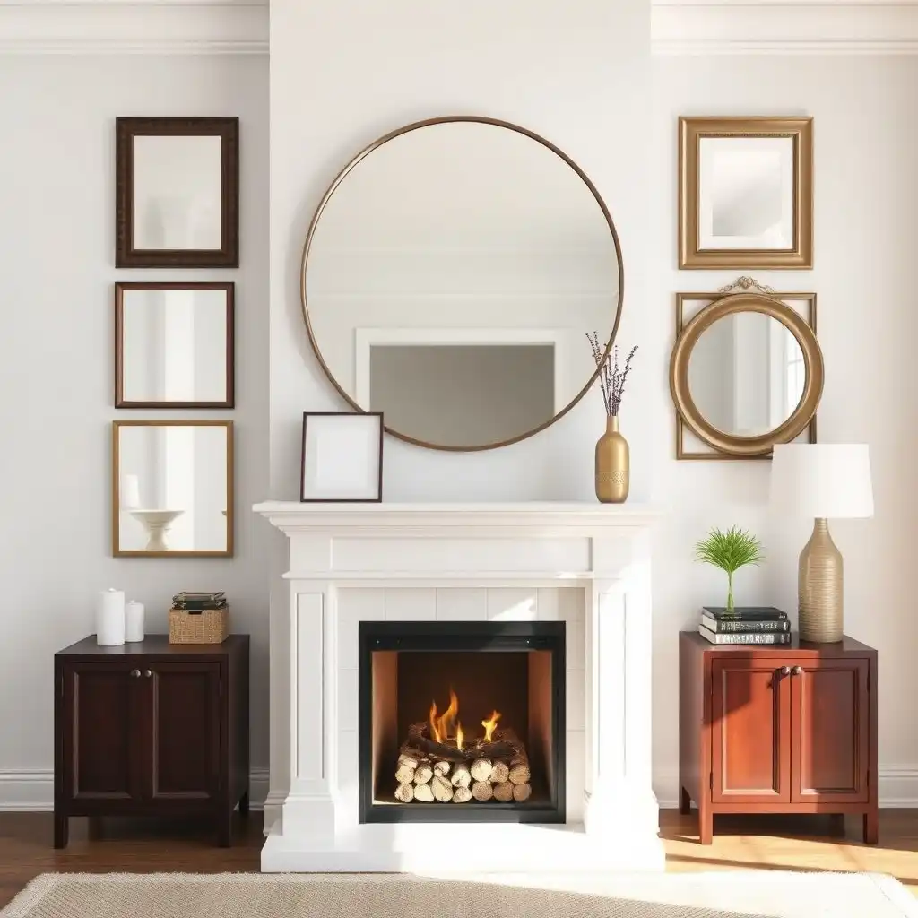13. Layered Mirrors for a Dynamic Fireplace Statement