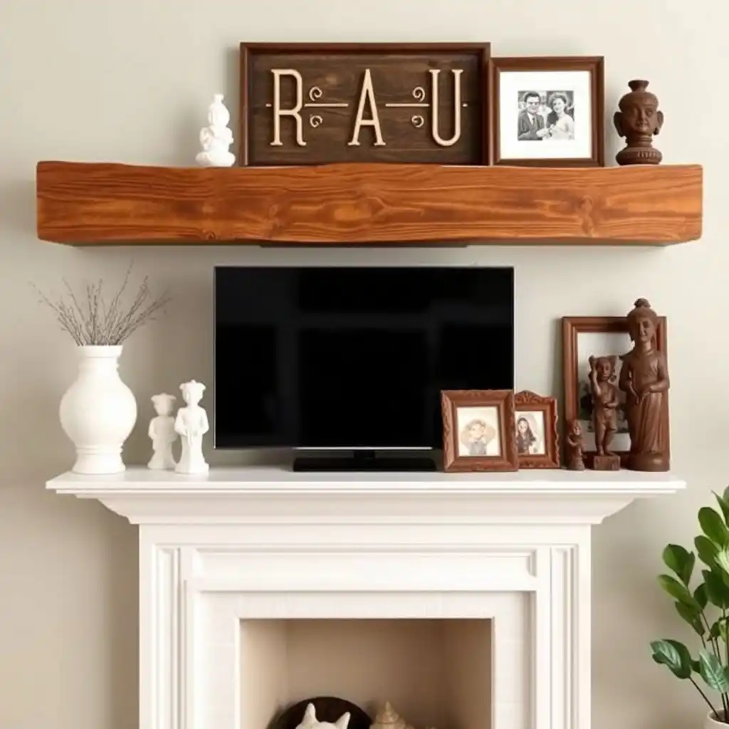 14. Rustic Charm: Wooden Accents Above the Hearth