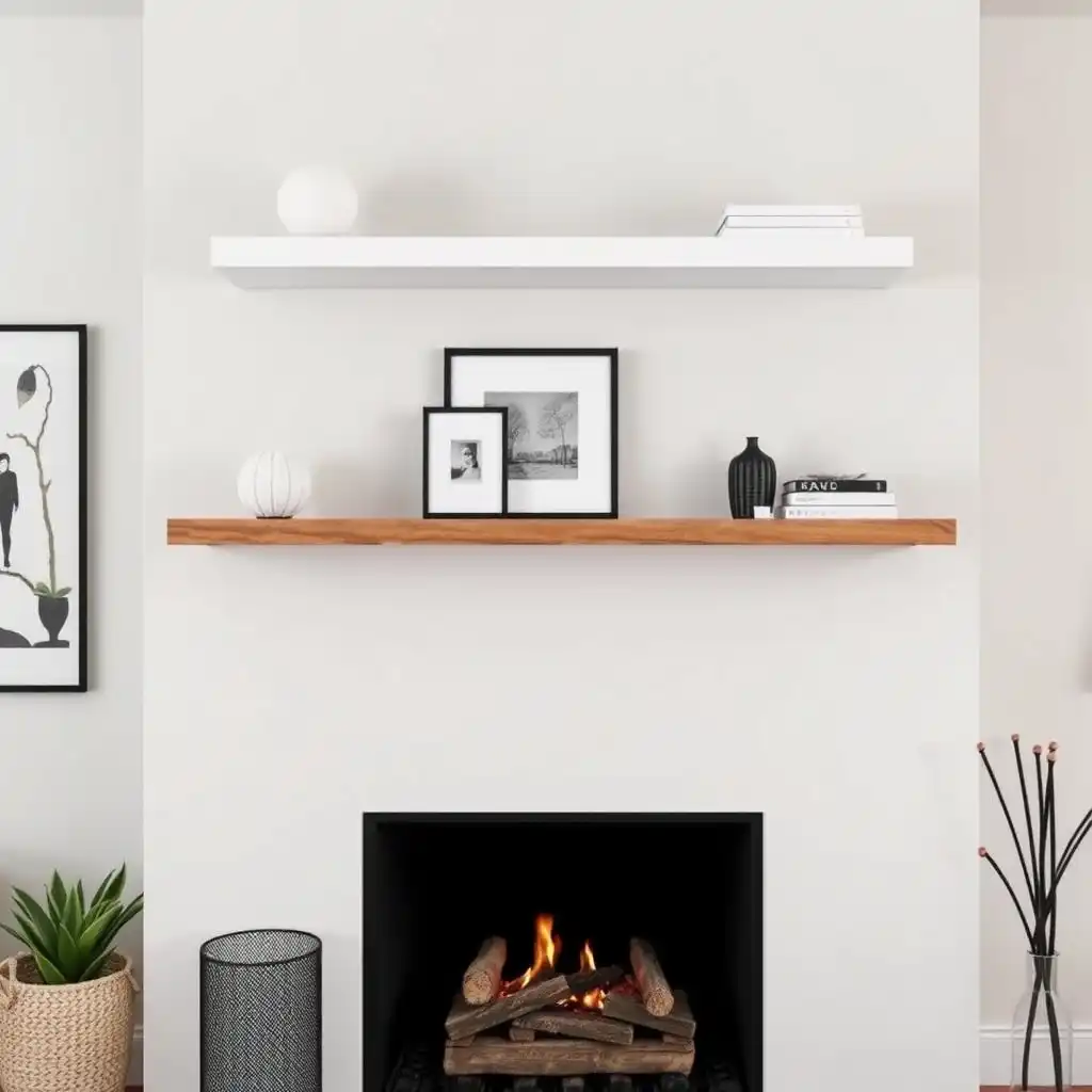 16. Minimalist Shelving for Sleek Fireplace Styling
