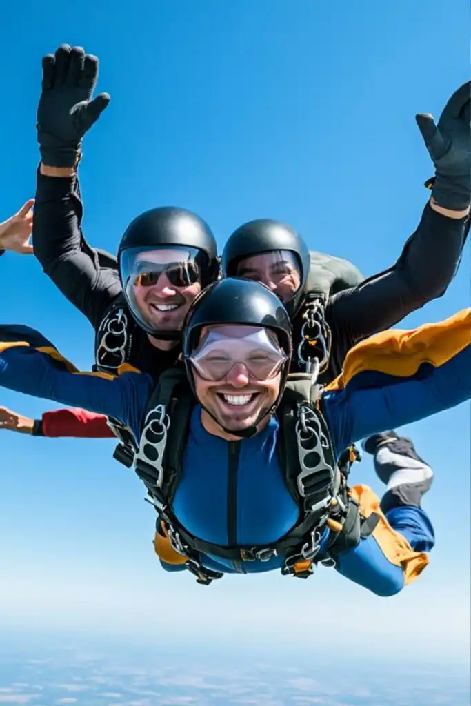 A group of friends skydiving together in the clear sky, smiling and holding hands mid-air.