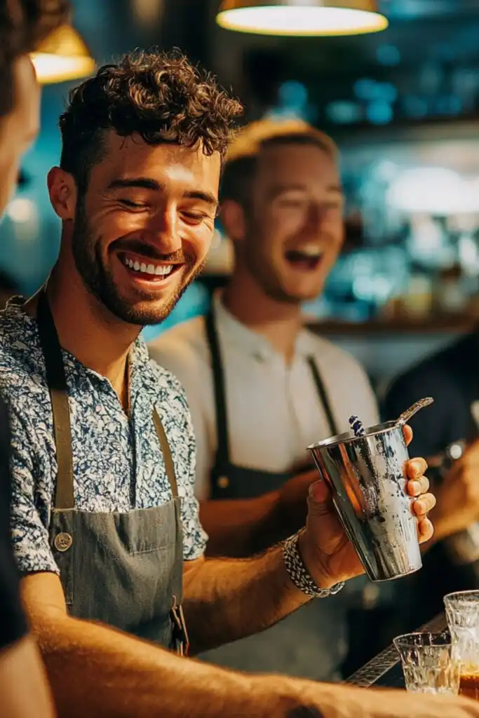 Men laughing while learning mixology at a cocktail-making class, holding shakers and glasses.