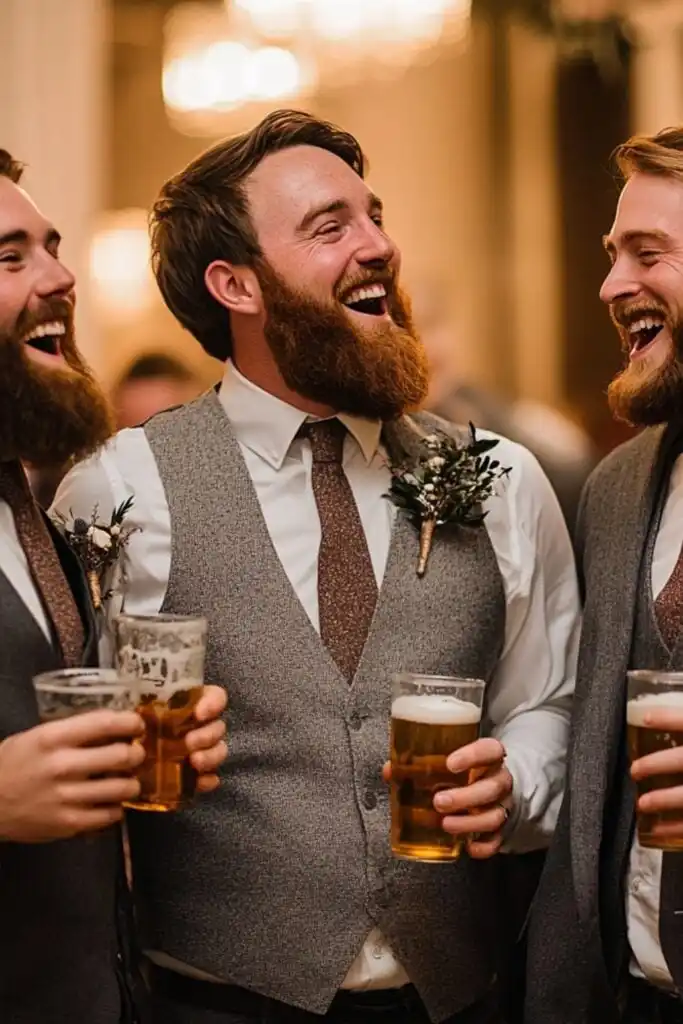 Groomsmen holding beers and laughing together in a lively party setting.