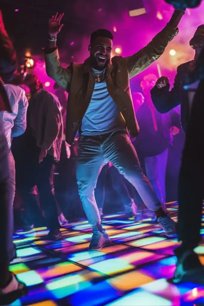 A group of men having fun on a dance floor in a nightclub with colorful lights.