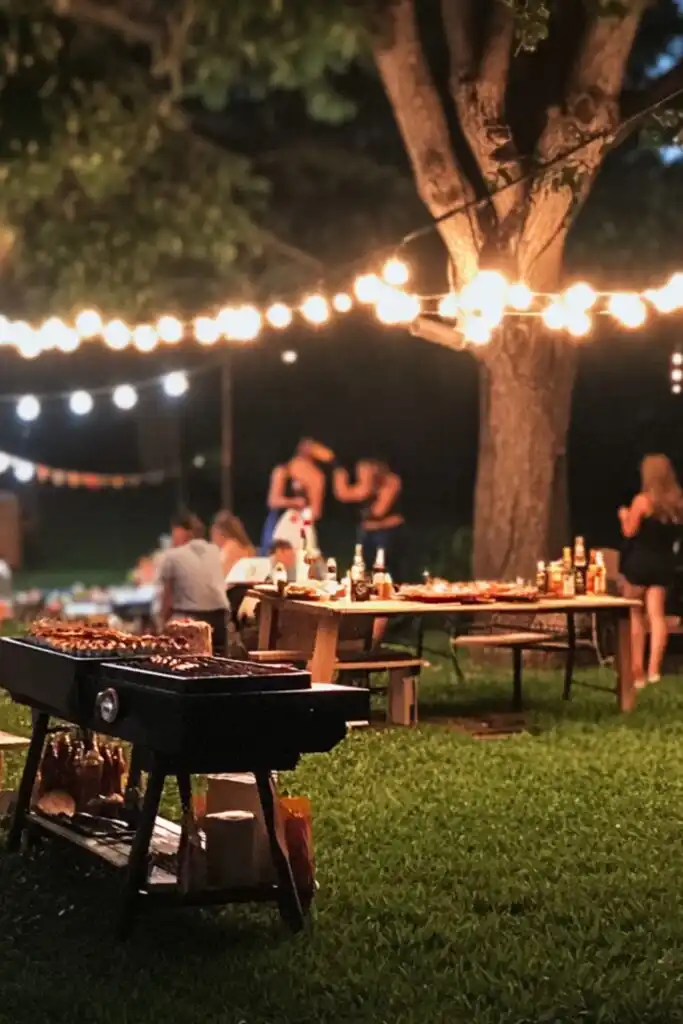 A backyard party setup with a barbeque, games, and friends gathered around having fun.