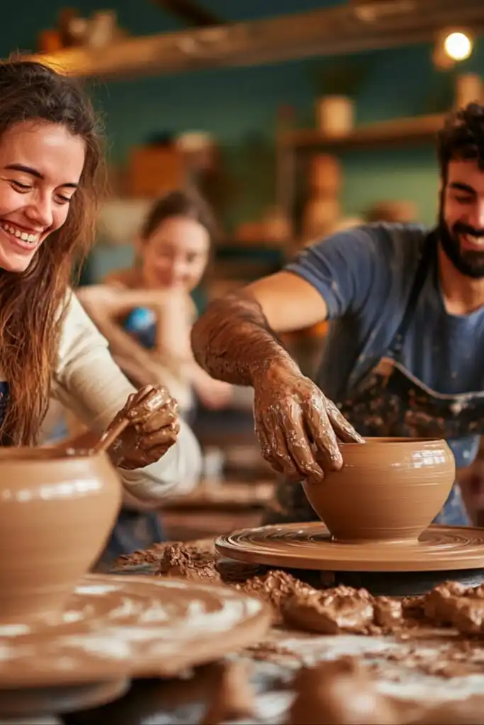 Friends working together in a pottery class, shaping clay on pottery wheels.