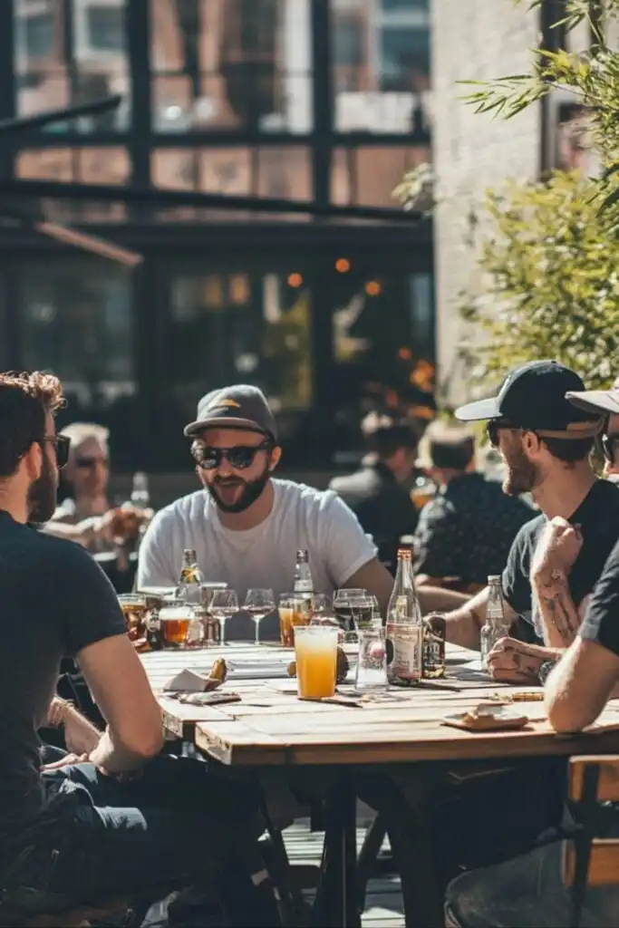 A relaxed daytime bachelor party with friends seated outdoors enjoying a sunny afternoon.