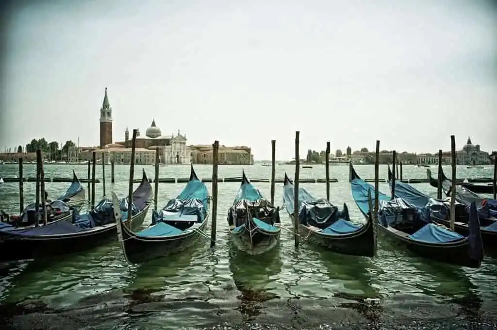 My snapshot showing gondolas moored along the lagoon with the island of San Giorgio Maggiore taken in July
