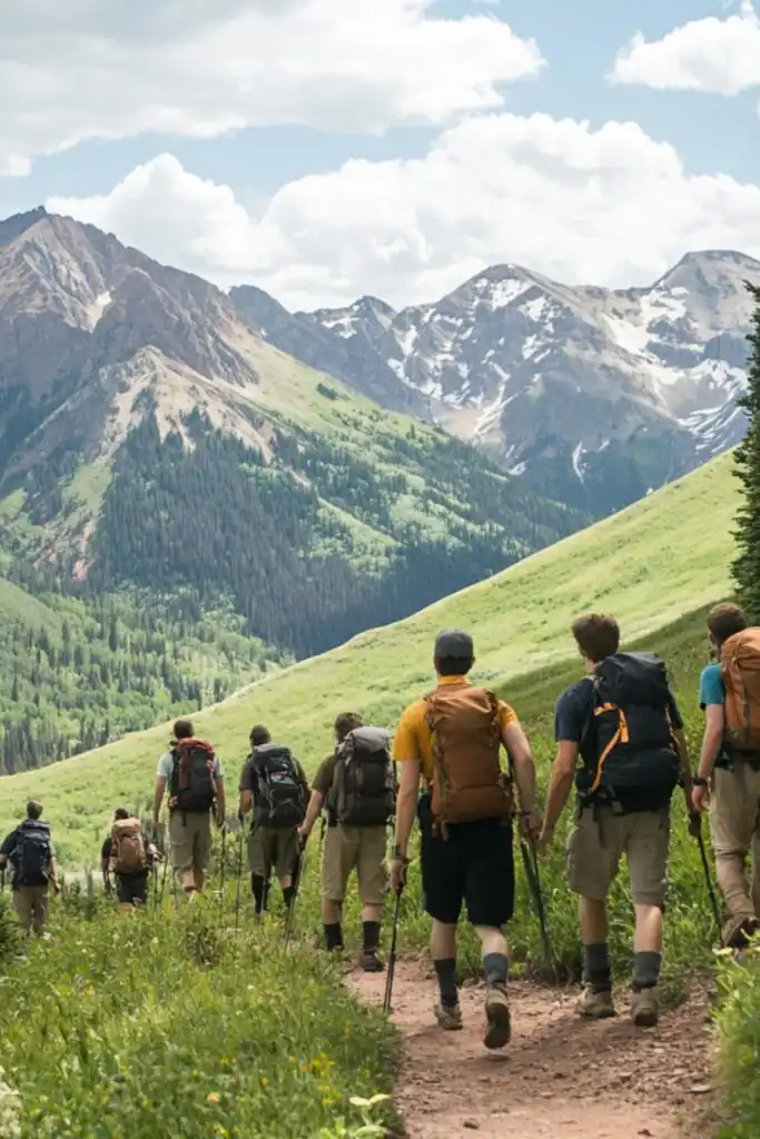 A group of men on a scenic hiking trail, surrounded by mountains and greenery.