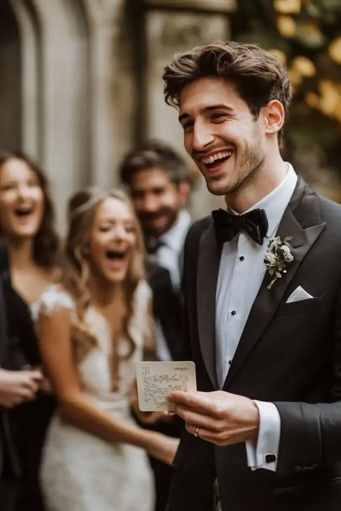 A groom holding a clue card on a scavenger hunt, with friends laughing in the background.