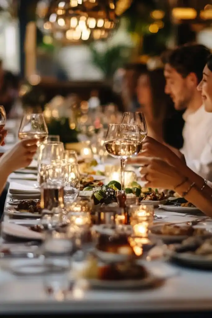 A long table with a group of friends enjoying an upscale dinner in a sophisticated restaurant.