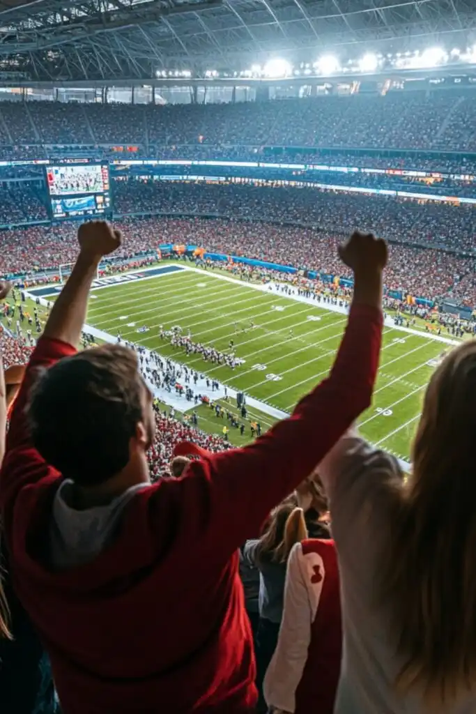 Friends cheering and watching a live sports game in a stadium filled with fans.