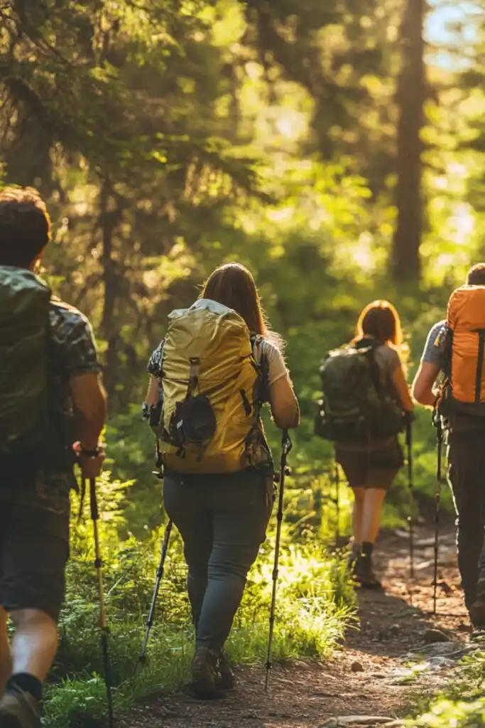 Friends hiking through a forest trail, carrying backpacks and enjoying nature.