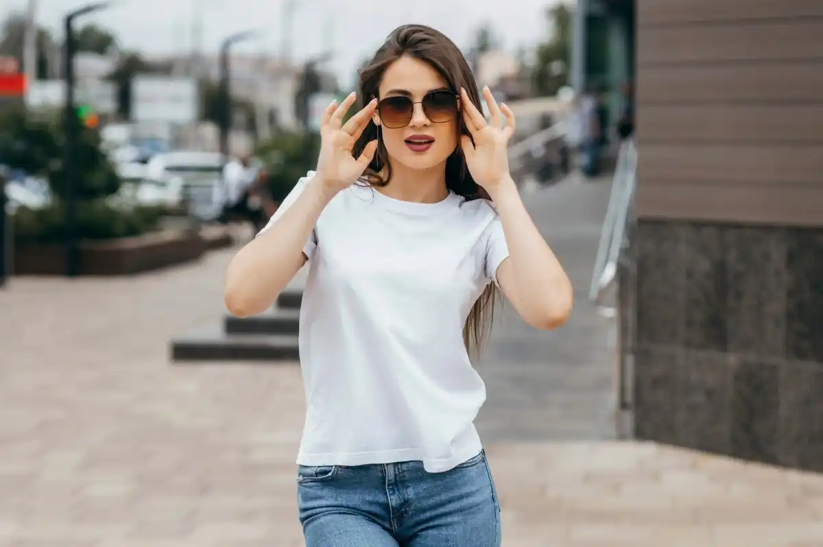 Young female model posing for a print-on-demand tshirt online shop.